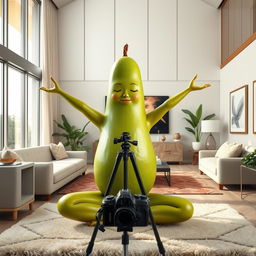 A charming scene of a feminine avocado practicing yoga, exuding grace and tranquility in a luxurious modern living room