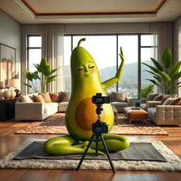 A charming scene of a feminine avocado practicing yoga, exuding grace and tranquility in a luxurious modern living room