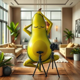 A charming scene of a feminine avocado practicing yoga, exuding grace and tranquility in a luxurious modern living room