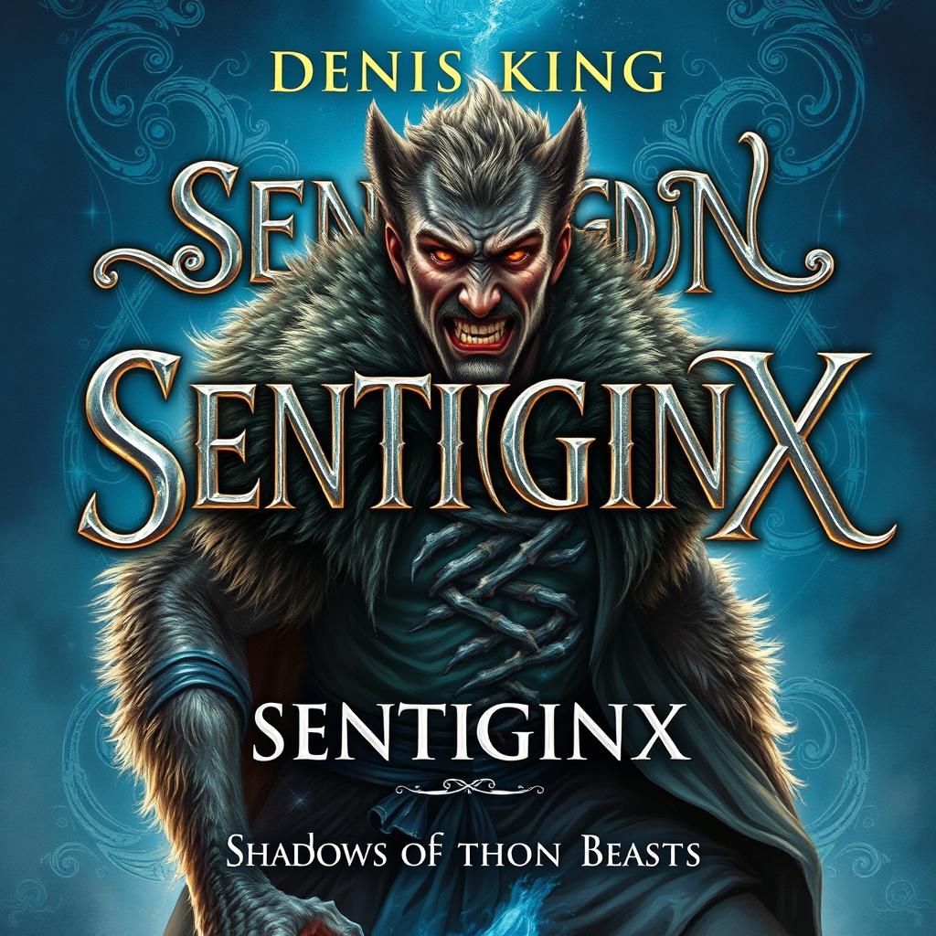 A mesmerizing book cover illustration for a fantasy novel titled 'SENTIGINX' by DENIS KING, showcasing a powerful and dynamic scene of a man in the midst of transforming into a fearsome werewolf