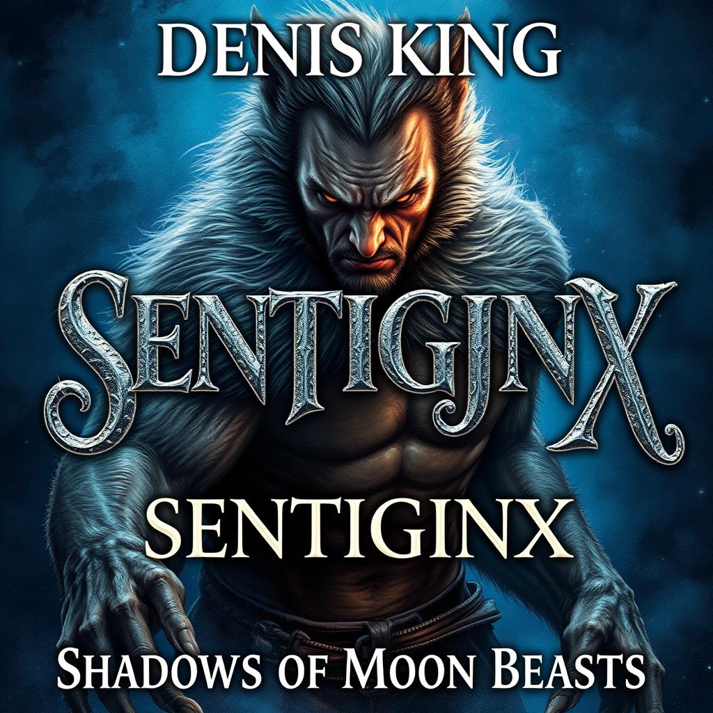 A mesmerizing book cover illustration for a fantasy novel titled 'SENTIGINX' by DENIS KING, showcasing a powerful and dynamic scene of a man in the midst of transforming into a fearsome werewolf