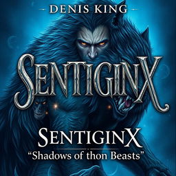 A mesmerizing book cover illustration for a fantasy novel titled 'SENTIGINX' by DENIS KING, showcasing a powerful and dynamic scene of a man in the midst of transforming into a fearsome werewolf