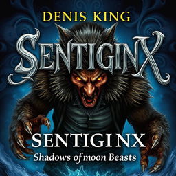 A mesmerizing book cover illustration for a fantasy novel titled 'SENTIGINX' by DENIS KING, showcasing a powerful and dynamic scene of a man in the midst of transforming into a fearsome werewolf