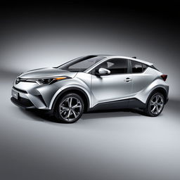 A realistic Toyota C-HR in a striking silver finish, equipped with sleek silver wheels, positioned against a smooth gray background