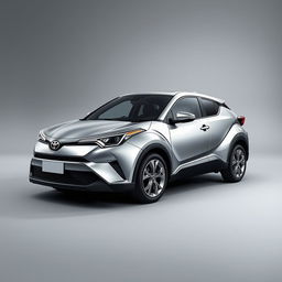 A realistic Toyota C-HR in a striking silver finish, equipped with sleek silver wheels, positioned against a smooth gray background