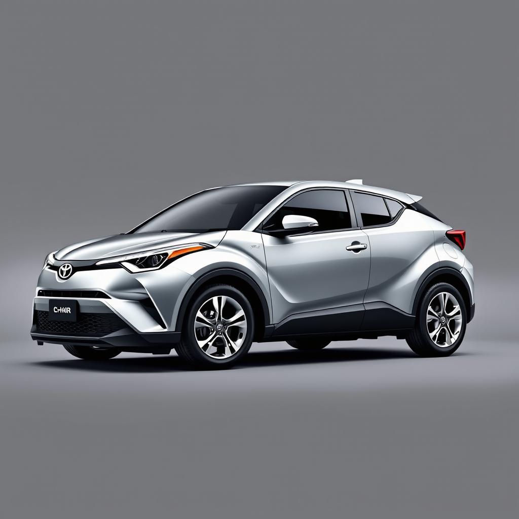 A realistic Toyota C-HR in a striking silver finish, equipped with sleek silver wheels, positioned against a smooth gray background