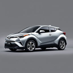 A realistic Toyota C-HR in a striking silver finish, equipped with sleek silver wheels, positioned against a smooth gray background