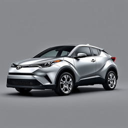 A realistic Toyota C-HR in a striking silver finish, equipped with sleek silver wheels, positioned against a smooth gray background