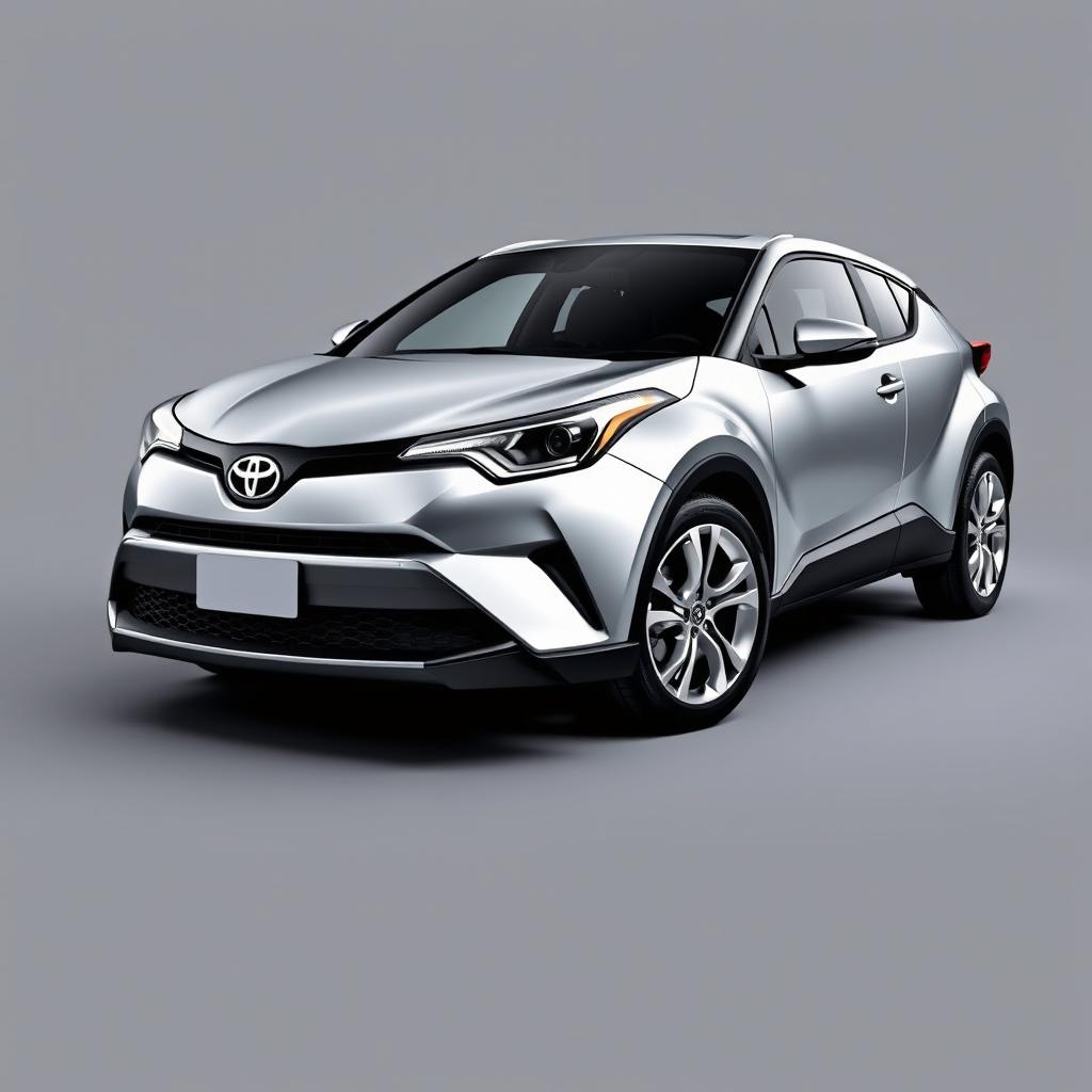 A striking Toyota CHR featuring a sleek silver finish, showcasing shiny silver wheels