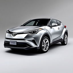 A striking Toyota CHR featuring a sleek silver finish, showcasing shiny silver wheels