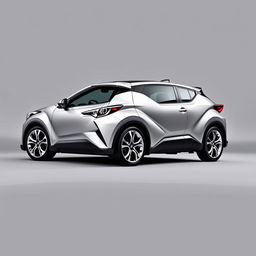 A striking Toyota CHR featuring a sleek silver finish, showcasing shiny silver wheels