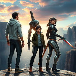 In an immersive game world, three characters stand united on the edge of a lofty cliff, facing away from the viewer