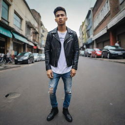 Realistic and dynamic art of a handsome Indonesian man with a short hairstyle. He's wearing a leather jacket, a t-shirt with the logo text 'ODEMUSIC 79', ripped jeans, and boot shoes. He's striking a nice pose with a middle town bustling with people in the background, captured through a fisheye lens.