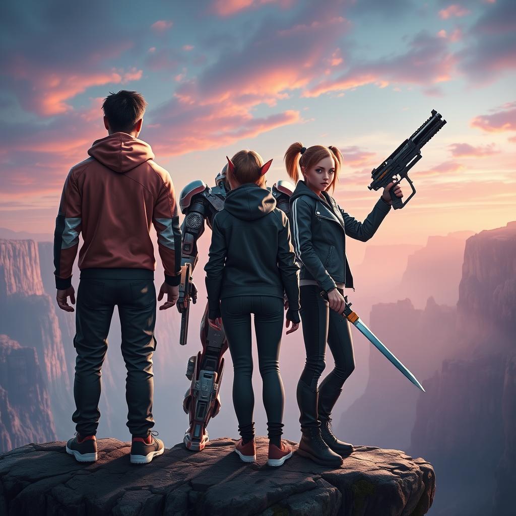 In an immersive game world, three characters stand united on the edge of a lofty cliff, facing away from the viewer