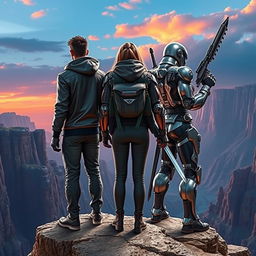 In an immersive game world, three characters stand united on the edge of a lofty cliff, facing away from the viewer