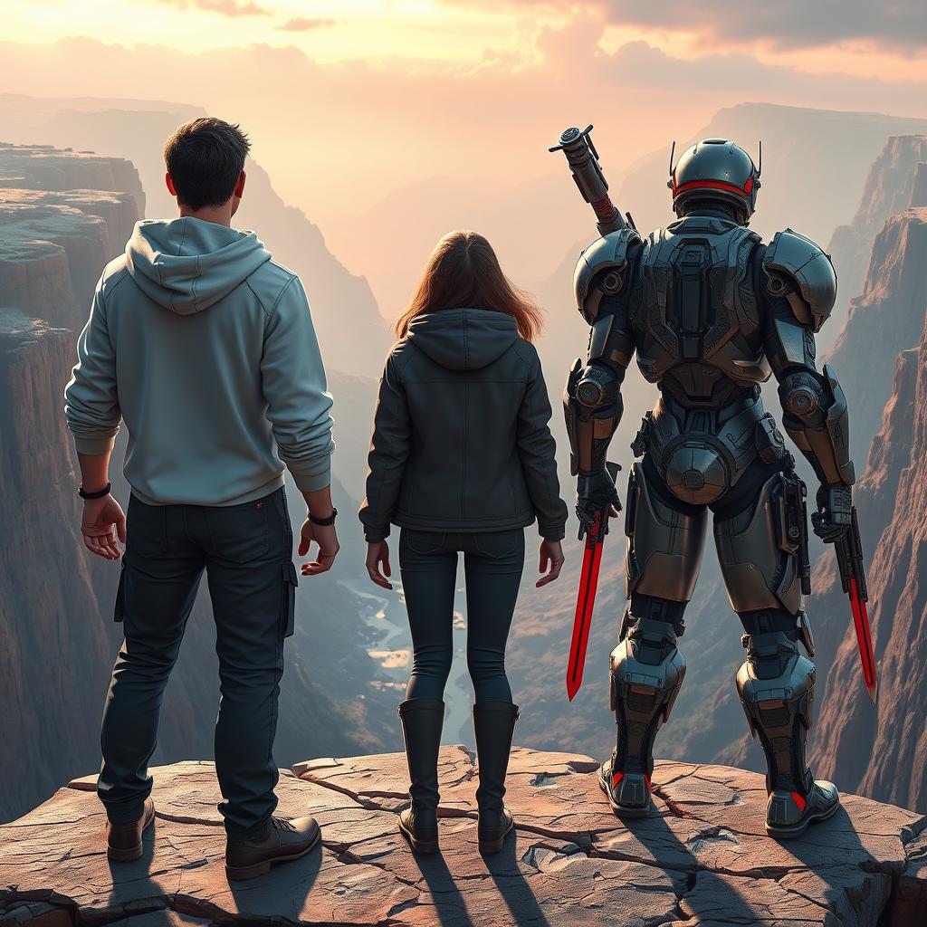 In an immersive game world, three characters stand united on the edge of a lofty cliff, facing away from the viewer