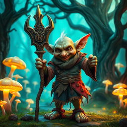 A fantasy goblin standing confidently, holding an intricately designed staff adorned with mystical runes