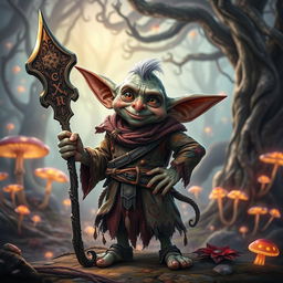 A fantasy goblin standing confidently, holding an intricately designed staff adorned with mystical runes