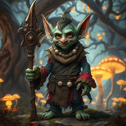 A fantasy goblin standing confidently, holding an intricately designed staff adorned with mystical runes