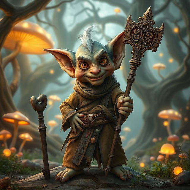 A fantasy goblin standing confidently, holding an intricately designed staff adorned with mystical runes