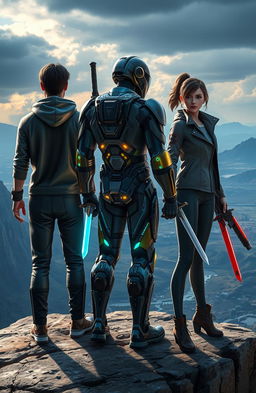 Three characters standing on a cliff, facing away