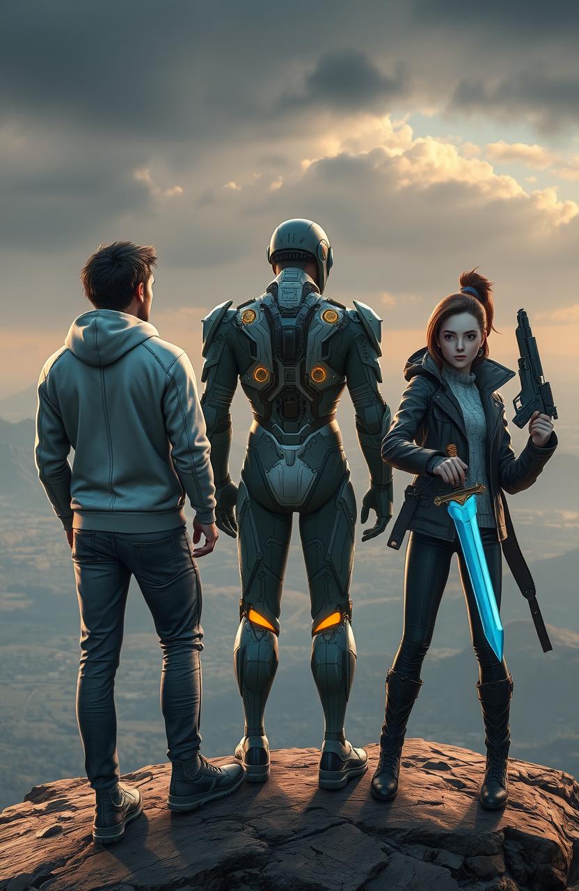 Three characters standing on a cliff, facing away