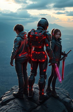 Three characters standing on a cliff, facing away