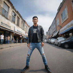 Realistic and dynamic art of a handsome Indonesian man with a short hairstyle. He's wearing a leather jacket, a t-shirt with the logo text 'ODEMUSIC 79', ripped jeans, and boot shoes. He's striking a nice pose with a middle town bustling with people in the background, captured through a fisheye lens.