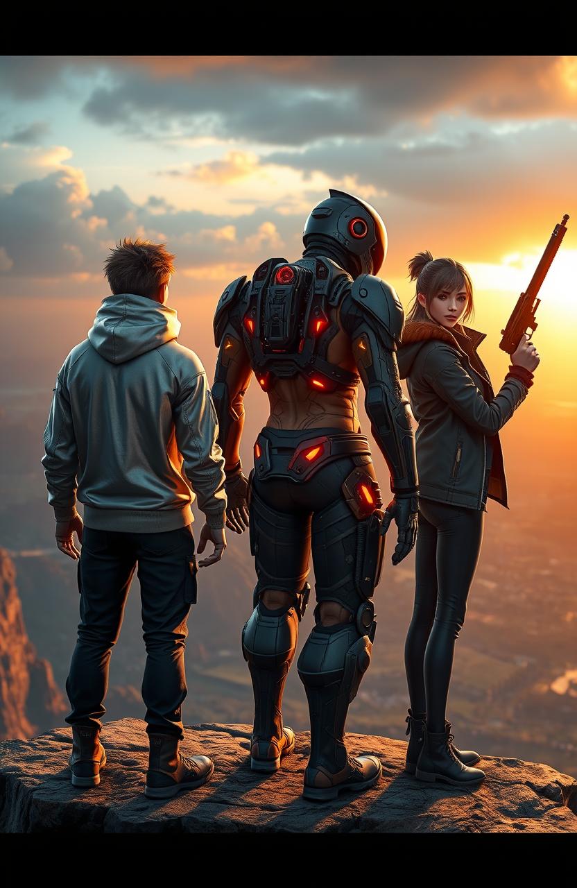 Three characters standing on a cliff, facing away