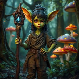 A fantasy goblin girl standing confidently in a lush, enchanted forest