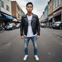 Realistic and dynamic art of a handsome Indonesian man with a short hairstyle. He's wearing a leather jacket, a t-shirt with the logo text 'ODEMUSIC 79', ripped jeans, and boot shoes. He's striking a nice pose with a middle town bustling with people in the background, captured through a fisheye lens.