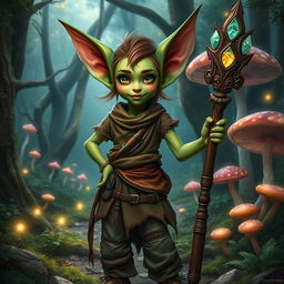 A fantasy goblin girl standing confidently in a lush, enchanted forest