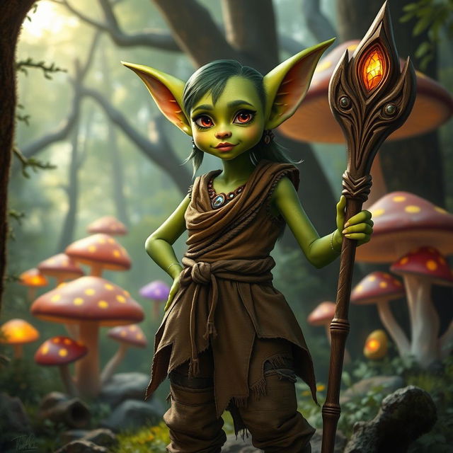 A fantasy goblin girl standing confidently in a lush, enchanted forest