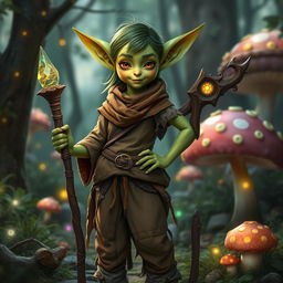 A fantasy goblin girl standing confidently in a lush, enchanted forest