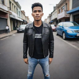 Realistic and dynamic art of a handsome Indonesian man with a short hairstyle. He's wearing a leather jacket, a t-shirt with the logo text 'ODEMUSIC 79', ripped jeans, and boot shoes. He's striking a nice pose with a middle town bustling with people in the background, captured through a fisheye lens.