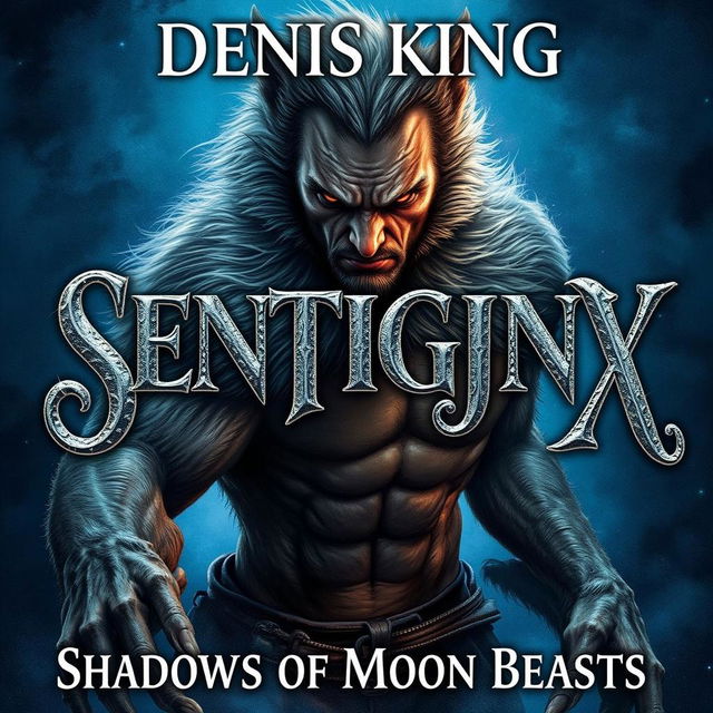 An eye-catching book cover design for 'SENTIGINX' by DENIS KING, featuring a powerful image of a man transforming into a werewolf, showcasing intense facial expressions and muscular details