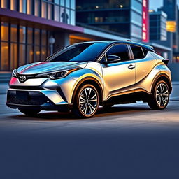 A brand new 2024 Toyota C-HR II in a shiny silver finish, showcasing its futuristic design with bold lines and a sleek silhouette