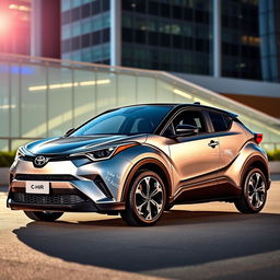 A brand new 2024 Toyota C-HR II in a shiny silver finish, showcasing its futuristic design with bold lines and a sleek silhouette