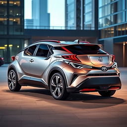 A brand new 2024 Toyota C-HR II in a shiny silver finish, showcasing its futuristic design with bold lines and a sleek silhouette