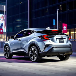 A brand new 2024 Toyota C-HR II in a shiny silver finish, showcasing its futuristic design with bold lines and a sleek silhouette