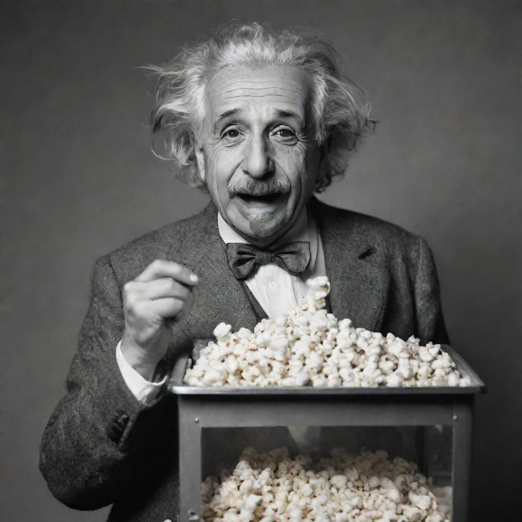 An image of Albert Einstein in a playful pose, using a popcorn machine. He's energetically smashing popcorn kernels and enjoying eating the popped corn with a curious and delighted expression.