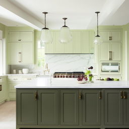 A modern farmhouse style kitchen featuring green cabinets and a white subway tile backsplash. The L-shaped layout has a glass China cabinet at one end and a central peninsula island.