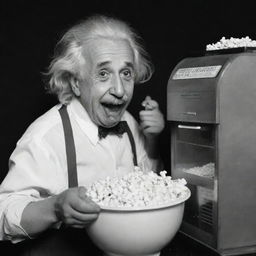 An image of Albert Einstein in a playful pose, using a popcorn machine. He's energetically smashing popcorn kernels and enjoying eating the popped corn with a curious and delighted expression.