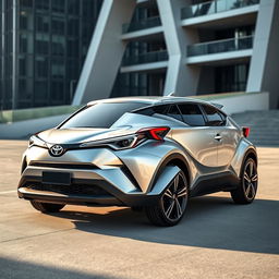 A brand new 2024 Toyota C-HR II in a dazzling silver finish, showcasing its innovative futuristic design with bold lines and a sleek silhouette