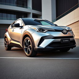 A brand new 2024 Toyota C-HR II in a dazzling silver finish, showcasing its innovative futuristic design with bold lines and a sleek silhouette