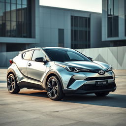 A brand new 2024 Toyota C-HR II in a dazzling silver finish, showcasing its innovative futuristic design with bold lines and a sleek silhouette