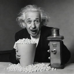 An image of Albert Einstein in a playful pose, using a popcorn machine. He's energetically smashing popcorn kernels and enjoying eating the popped corn with a curious and delighted expression.