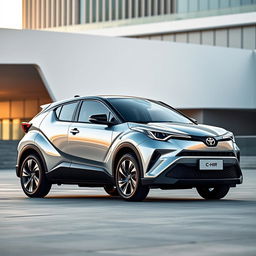 A brand new 2024 Toyota C-HR II in a dazzling silver finish, showcasing its innovative futuristic design with bold lines and a sleek silhouette