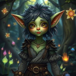 A fantasy scene featuring a humanoid goblin girl with delicate features and green skin, showcasing her playful and mischievous nature