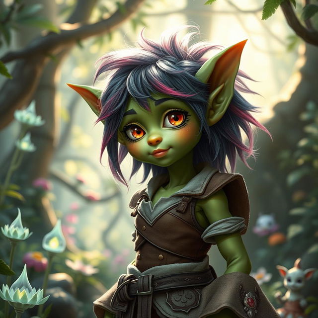 A fantasy scene featuring a humanoid goblin girl with delicate features and green skin, showcasing her playful and mischievous nature